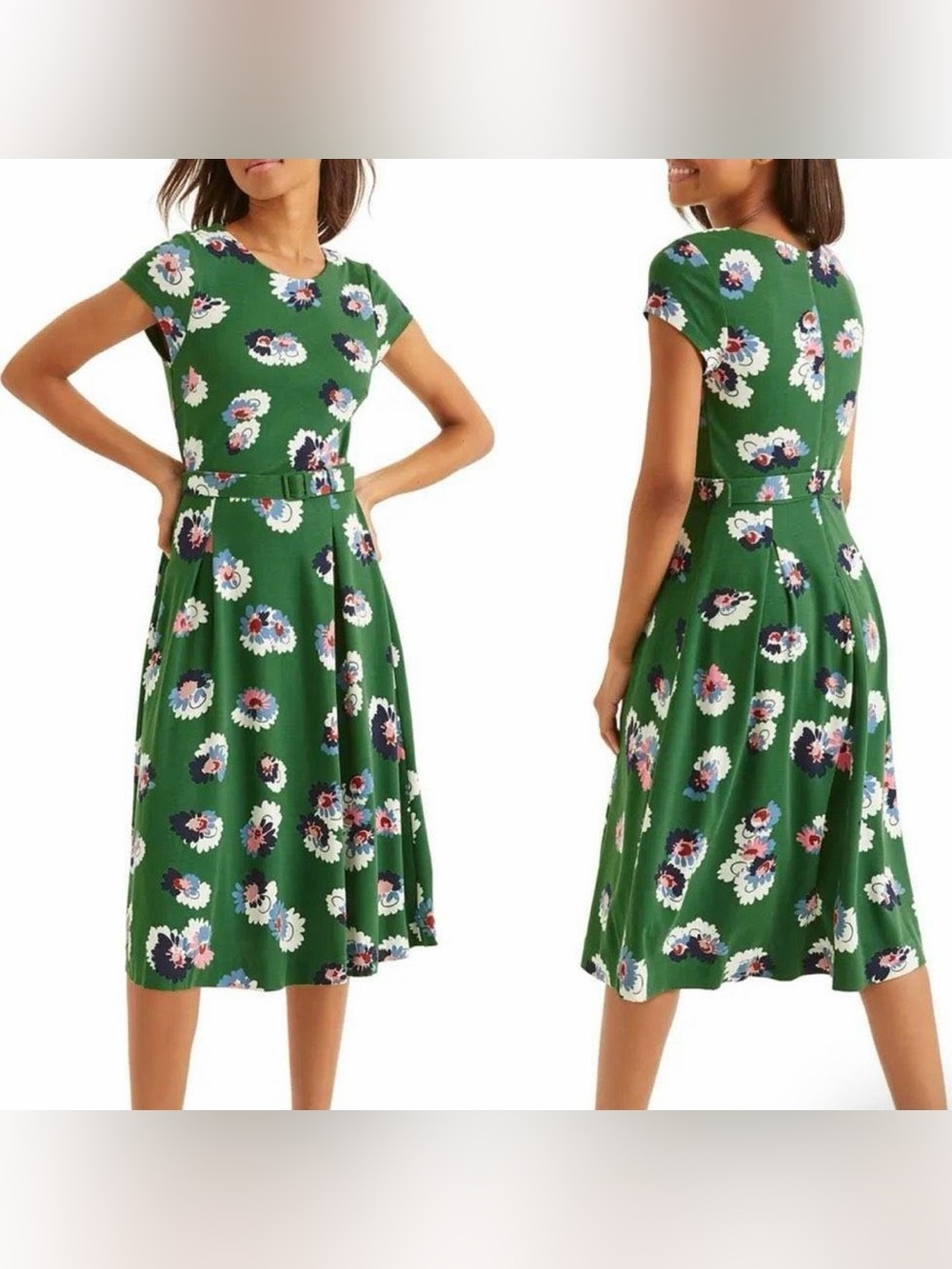 Boden Aida Ponte Knit Green Floral Print Dress Belt & Back Zipper Sz US6L/UK10
